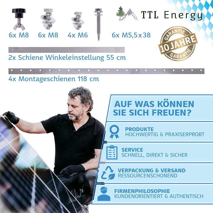 Solarmodul Halterung Alu 118 cm 46“ 2er Set 1 Paar - bis 600W - 0-90° Winkel einstellbar Montage &amp; B