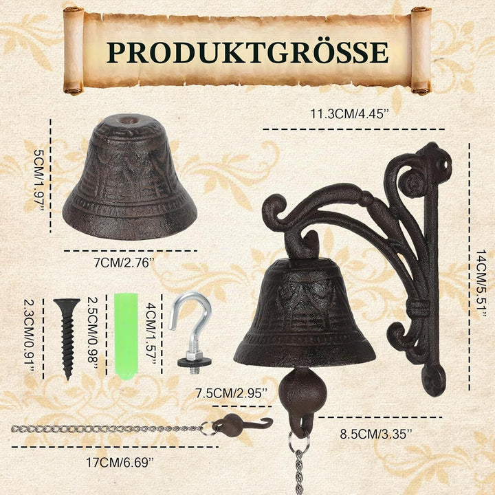 Türglocke Gusseisen, Gartenglocke mit Kordel, Antikes Design, Haustür Wandglocke, Gartendeko, Outdoo