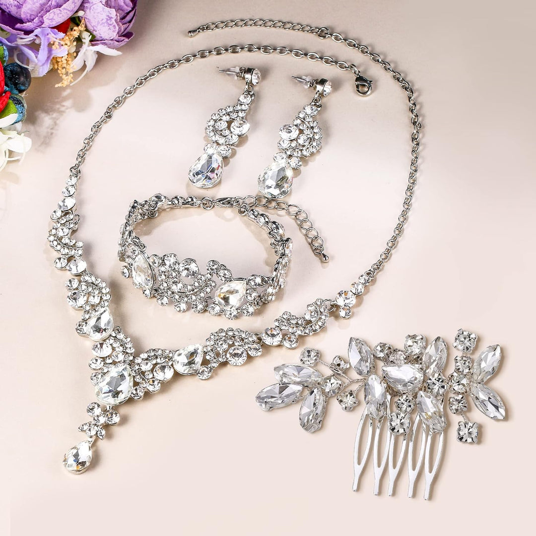 EVER FAITH Kristall Schmuckset Hochzeits Braut Art Deco Floral Teardrop Halskette Ohrringe und Armba