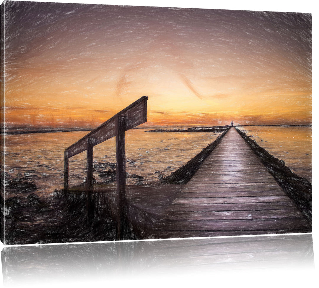 Pixxprint Langer Steg an der Nordsee / 100x70cm Leinwandbild bespannt auf Holzrahmen/Wandbild Kunstd