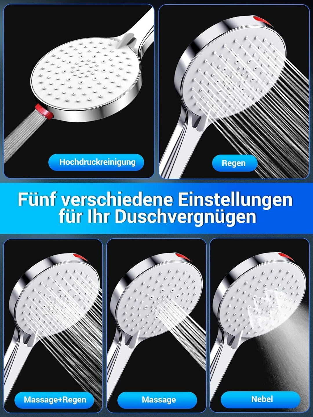 Duschkopf mit Hochdruckschlauch – SREWOHS Duschkopf spart Wasser, gegen Kalk, Regendusche mit 5 Arte