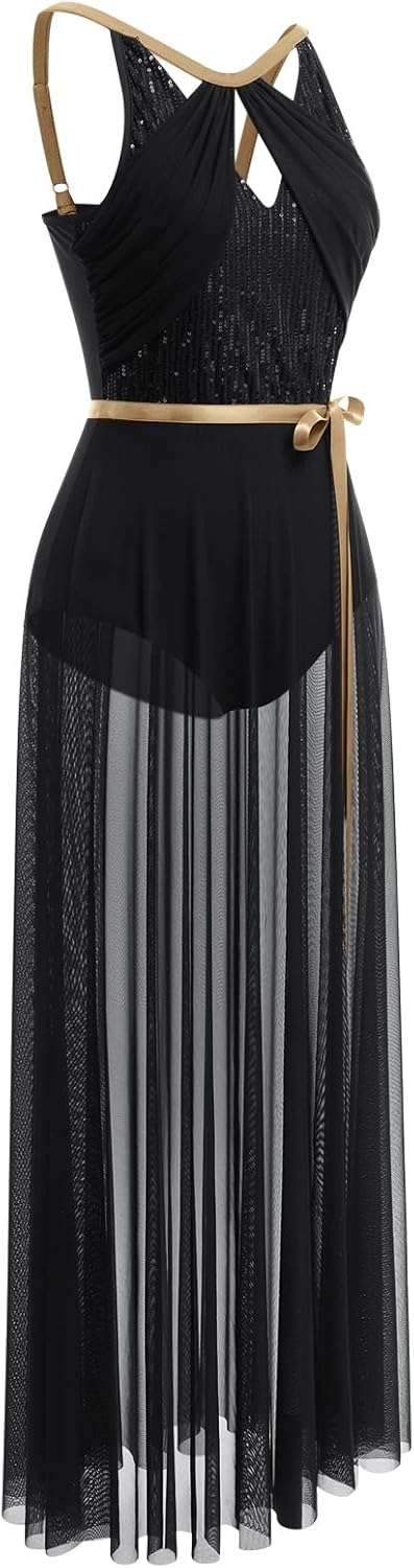 FYMNSI Damen Lyrisch Tanzkleid Ballettkleid Ärmellos Pailletten Trikot Mit Wickelrock Modern Contemp