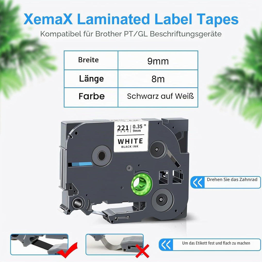 8x XemaX Etikettenband Kompatibel für Brother P-touch Bänder 9mm TZe-221 TZ-221 Schriftbänder Schwar