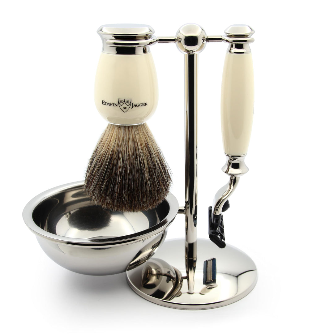 Edwin Jagger S81M587BAMZ Klassisches Rasierset aus Elfenbeinimitat und Nickel mit reinem Dachs-Rasie