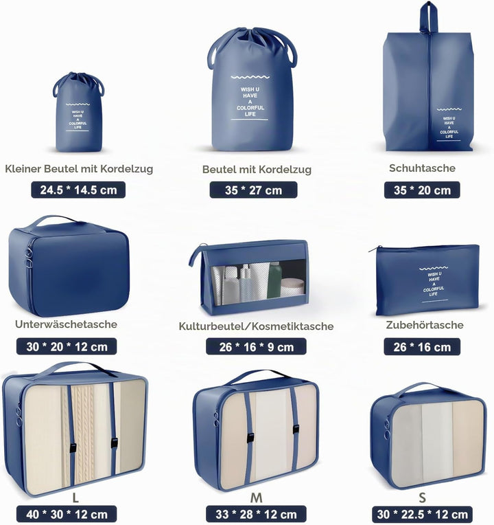 Koffer Organizer Set, 9 Pcs Packing Cubes für Reise, Packtaschen für Koffer Reise Kleidertaschen, Ve