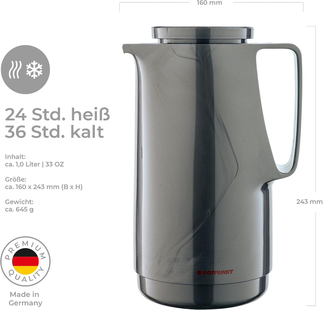 ROTPUNKT Isolierkanne 1L - Premium Kaffekanne Made in Germany I Hält bis zu 24 Std heiss I Warmhalte