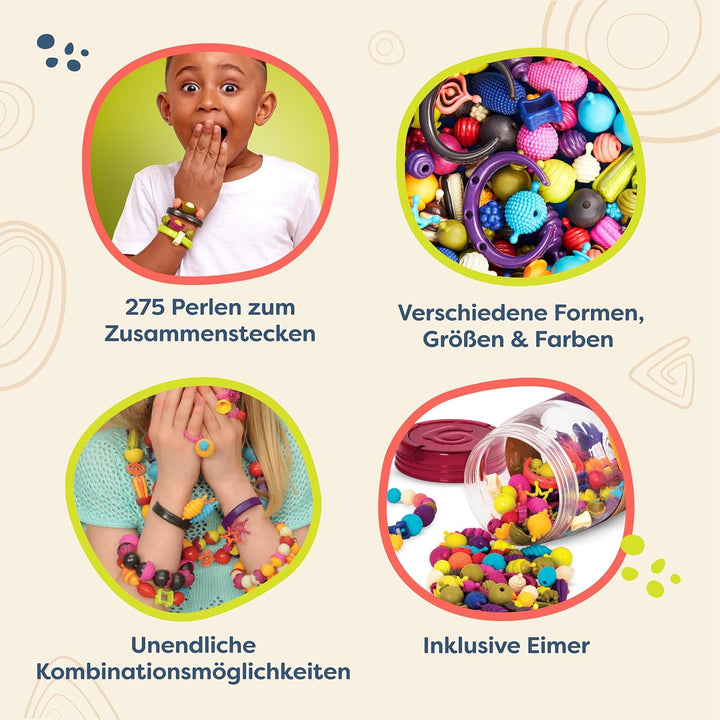 B. toys 275 Teile Bastelset Kinder Pop Arty – Schmuck Basteln, Bunte Perlen zum Zusammenstecken, Kin