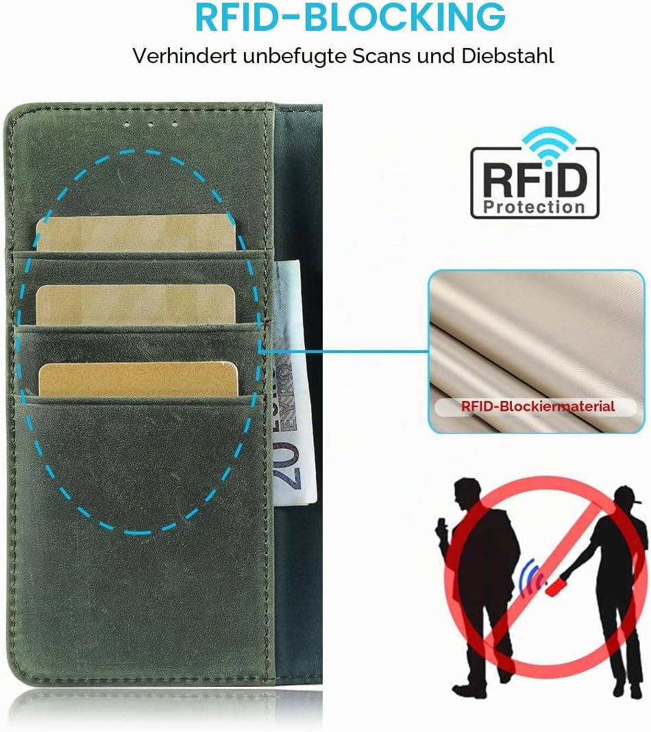LENSUN Echtleder Hülle für Samsung Galaxy S21 FE, Handyhülle [Echtes Leder][Magnetverschluss][Karten