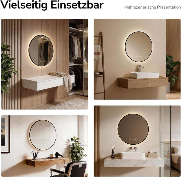 EMKE LED Badspiegel Rund Spiegel mit Beleuchtung ф70cm Badspiegel Schwarzer Rand Badezimmerspiegel m