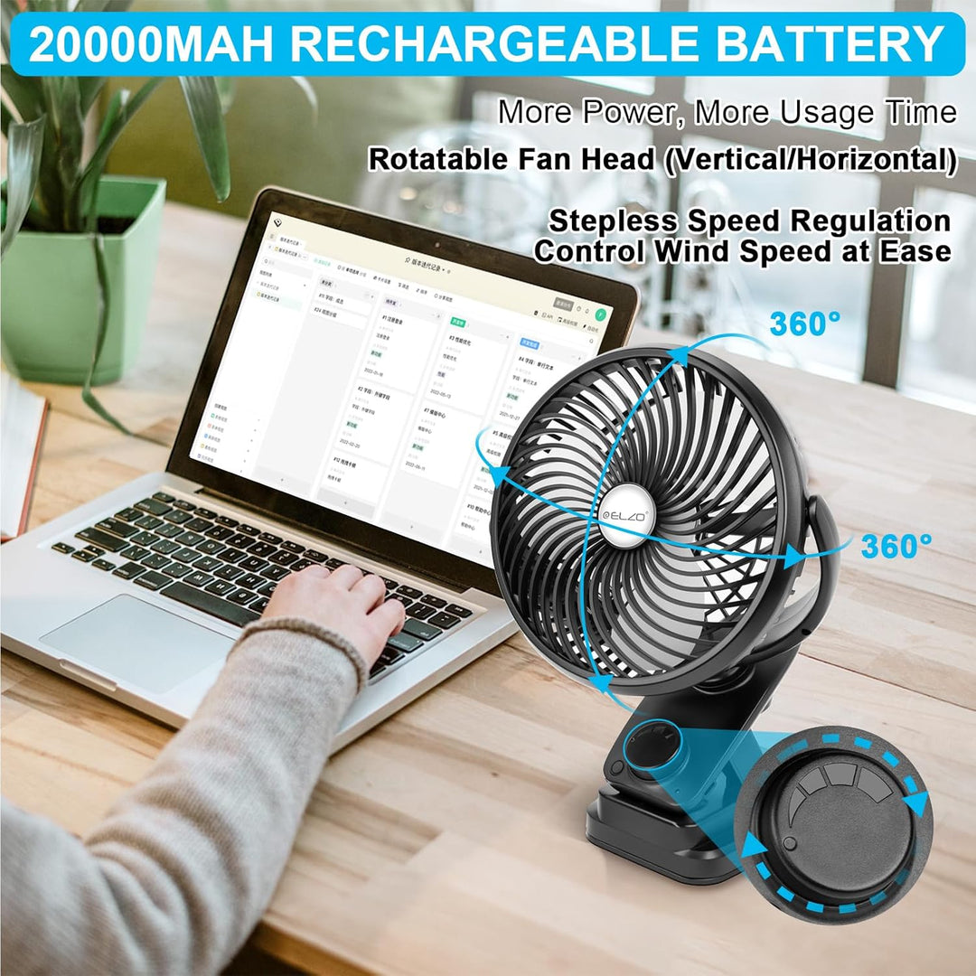 ELZO 20000mAh USB Clip Ventilator, Mini Tischventilator, LED Licht Camping Ventilator, Wiederaufladb