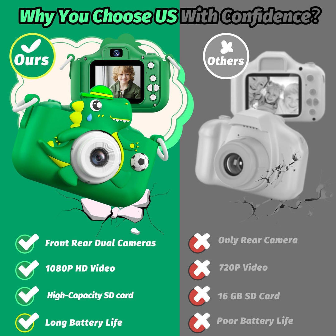 Kinderkamera, Dinosaurier Selfie Digital Kamera mit 32GB Karte, Weihnachts Geburtstagsgeschenk für J