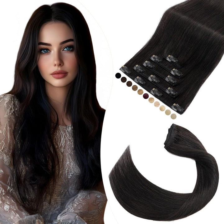 Elailite Clip in Extensions Echthaar, 5 Pcs Remy Haarverlängerung mit 12 Clips, 50cm-70g Glattes Haa