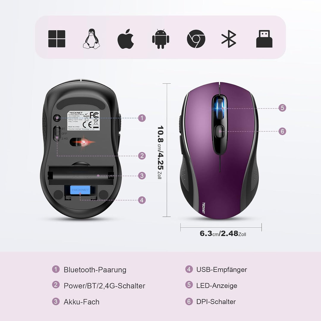 TECKNET Bluetooth Maus, 4000 DPI Maus Kabellos (Tri-Mode: BT 5.0/3.0+2.4GHz) Funkmaus mit USB-Empfän