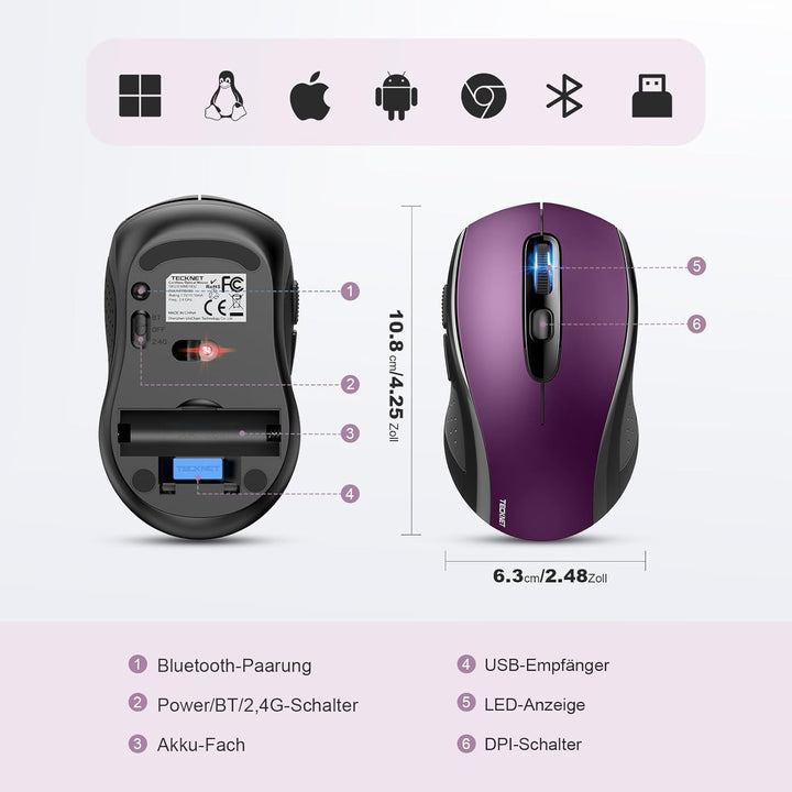 TECKNET Bluetooth Maus, 4000 DPI Maus Kabellos (Tri-Mode: BT 5.0/3.0+2.4GHz) Funkmaus mit USB-Empfän