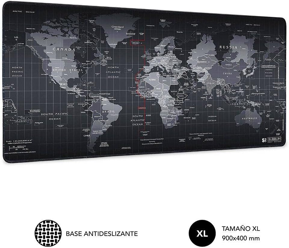 SUBBLIM World XL Mousepad schwarz Teppich Raton 90 x 40 cm Design Weltkarte