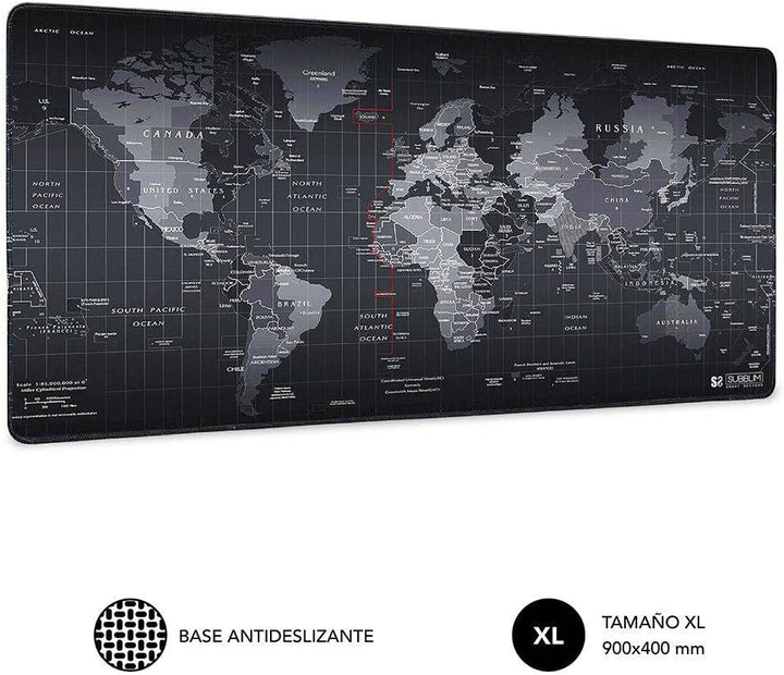 SUBBLIM World XL Mousepad schwarz Teppich Raton 90 x 40 cm Design Weltkarte