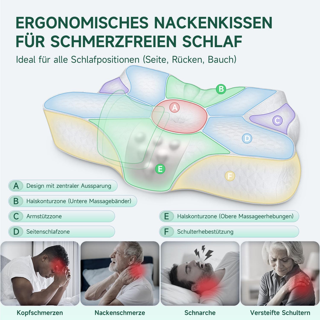 TESQ Ergonomisches Nackenkissen 2-in-1 | Memory Foam, Für Seiten- und Rückenschläfer, 60 x 40 x 9/12