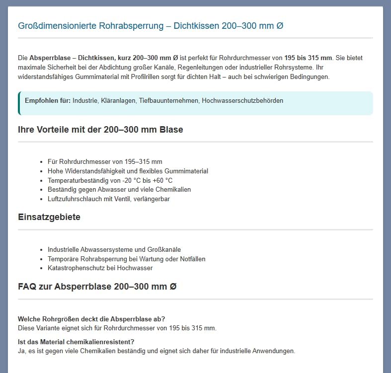 Drexl Absperrblase kurz 200-300 mm Ø für Rohrdurchmesser 195–315 mm – Rohrdichtkissen, Pipe Plug, Te