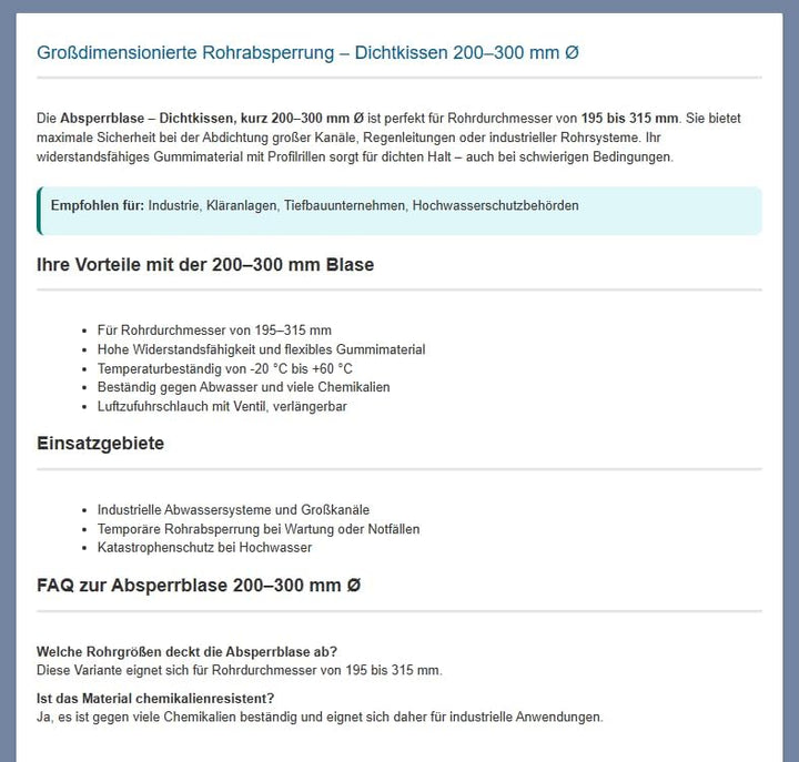 Drexl Absperrblase kurz 200-300 mm Ø für Rohrdurchmesser 195–315 mm – Rohrdichtkissen, Pipe Plug, Te