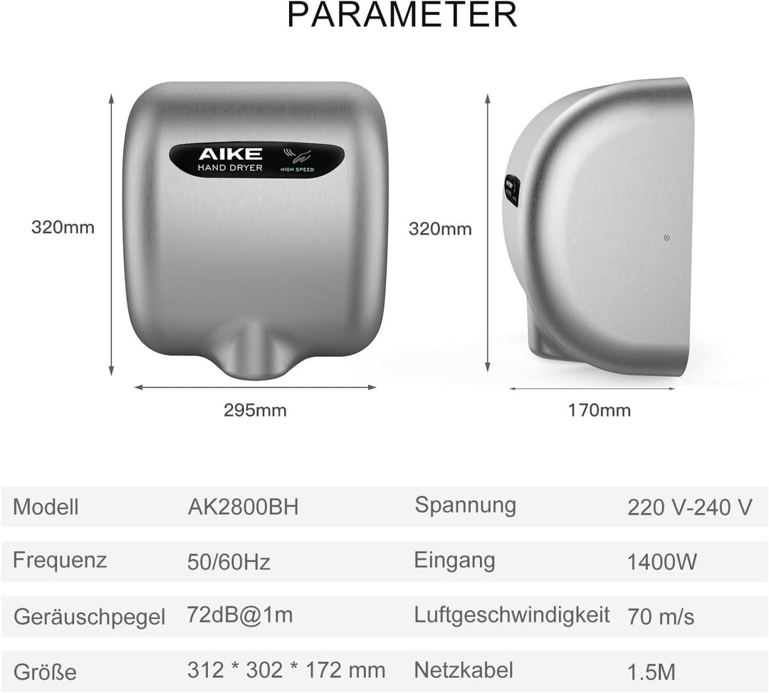 AIKE AK2800B ECO Händetrockner - elektrisch, aus gebürstetem Edelstahl mit Sensorautomatik und HEPA-