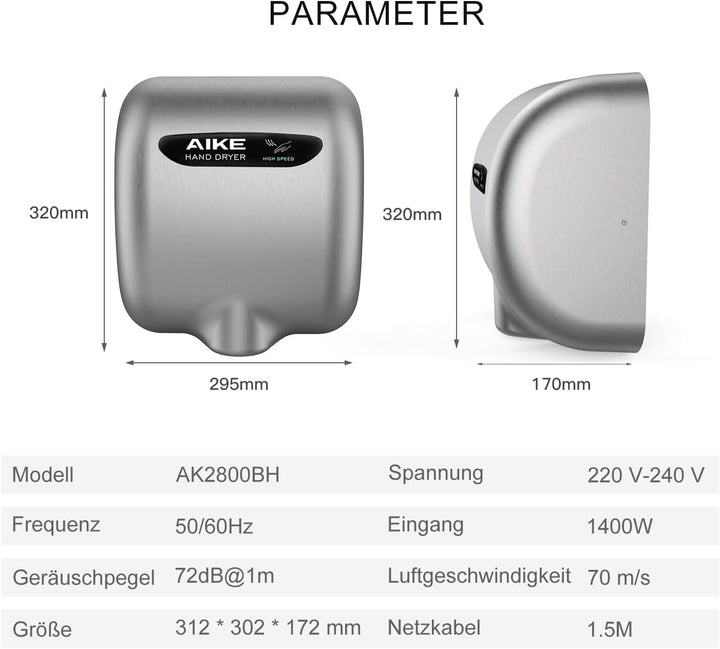 AIKE AK2800B ECO Händetrockner - elektrisch, aus gebürstetem Edelstahl mit Sensorautomatik und HEPA-