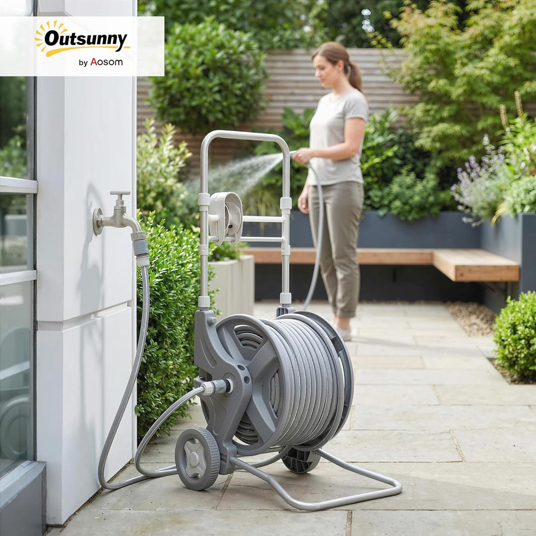 Outsunny Schlauchwagen 45 m Schlauchtrommel mit 2 Sprühfunktionen, Kurbel Schlauchführung Wasserhahn