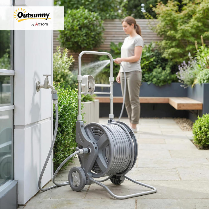 Outsunny Schlauchwagen 45 m Schlauchtrommel mit 2 Sprühfunktionen, Kurbel Schlauchführung Wasserhahn