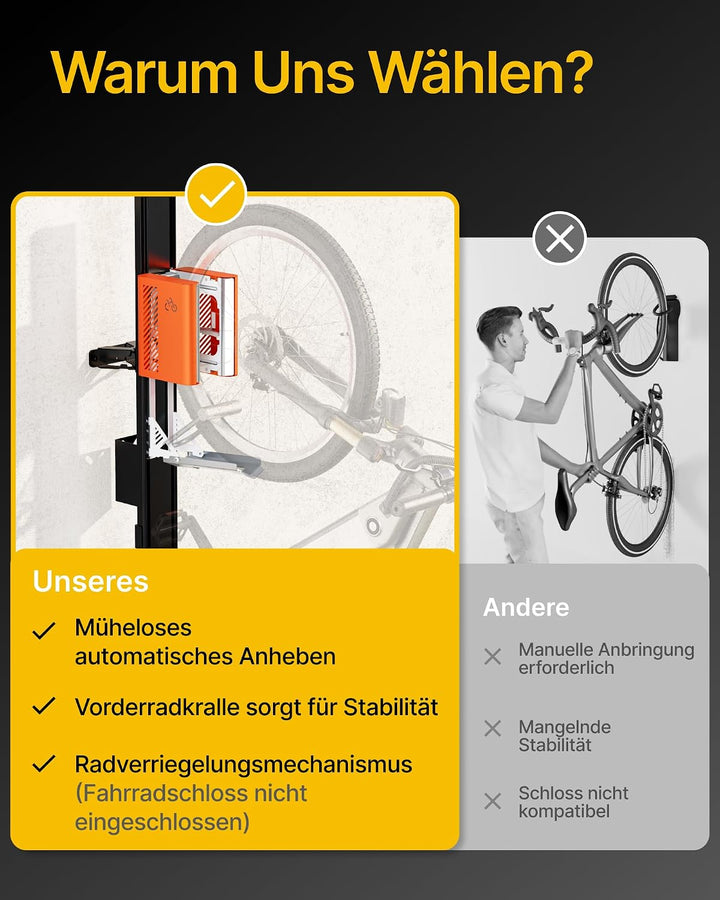 monTEK Automatischer Fahrradlift schwenkbar, Fahrradhalterung Wand bis 32 kg, ohne schweres Anheben,