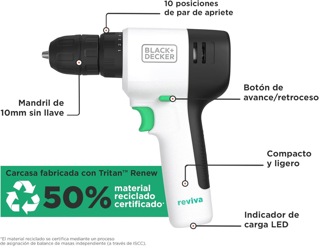 Black+Decker reviva 12V Akku-Bohrschrauber REVDD12ASTB (nachhaltiger Bohrschrauber aus 50% recycelte