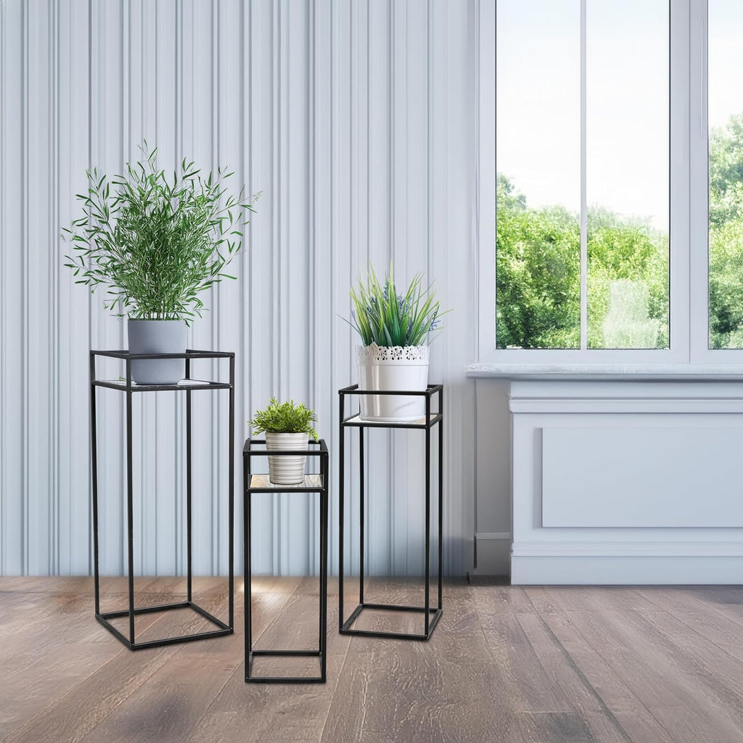 Spetebo Metall Blumenhocker schwarz 3er Set - 70 / 60 / 50 cm - Pflanzenständer mit Holzplatte - Dek