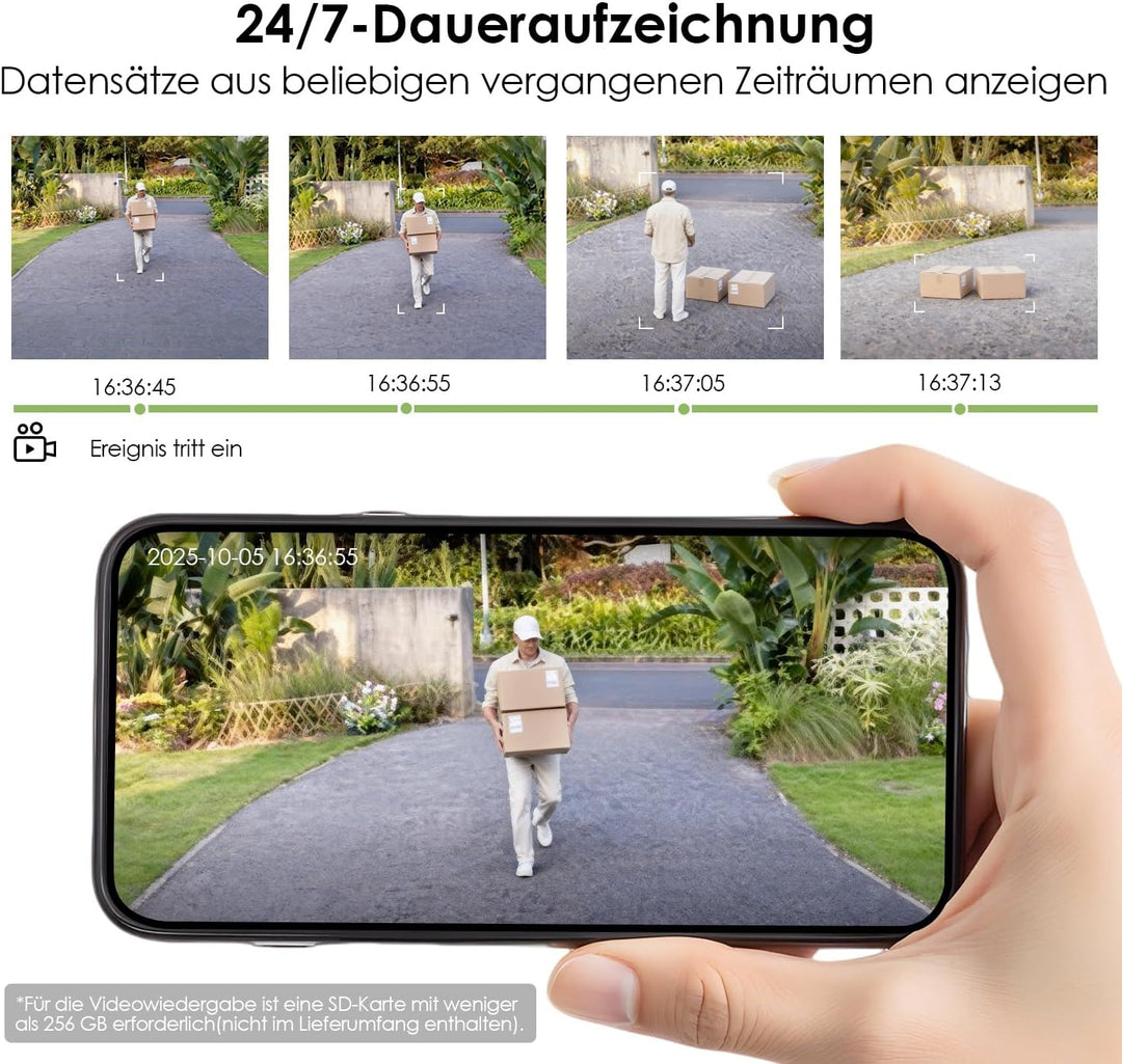 Alles in 1 Überwachungskamera Aussen Akku Solar, 2K, 100% Kabellos, 360° PTZ Kamera Überwachung Auss