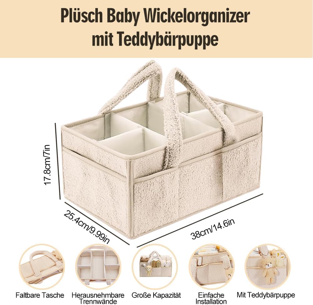 Wickeltasche Organizer Plüsch Qualitäts-Upgrade, Tragbarer Wickeltisch Organizer mit Teddy, Baby Wic