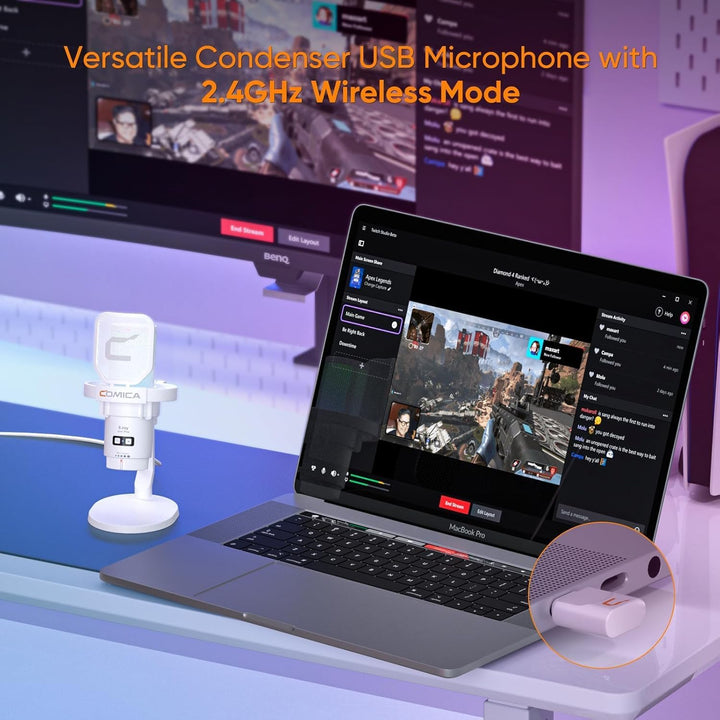COMICA EJoy Uni Pro Wireless Gaming Mikrofon PC mit USB-C Empfänger, USB Mikrofon ür Streaming Podca