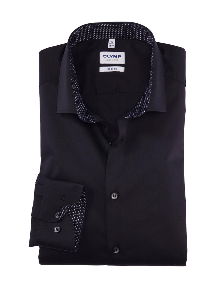 OLYMP Herren Businesshemd Langarm Level Five,Satin,Body fit,Modern Kent 45 Schwarz 68, 45 Schwarz 68