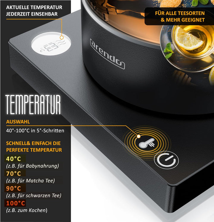 Arendo - Glas Wasserkocher mit Temperatureinstellung - Edelstahl Teekocher 1 Liter – Integriertes Te