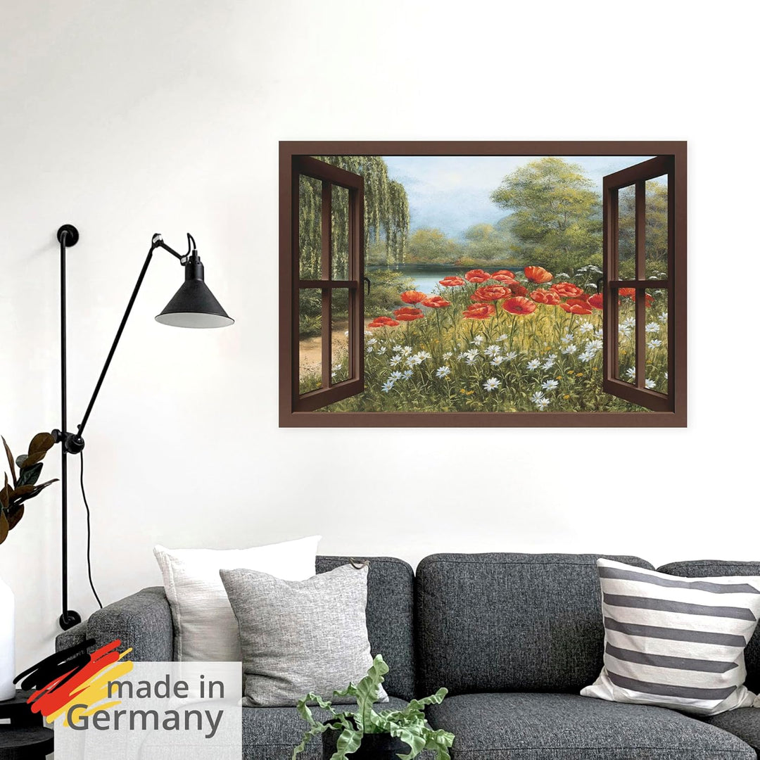ARTland Wandbild selbstklebend Vinylfolie 100x70 cm Fensterblick Landschaft Blumen Mohnblumen See Bl