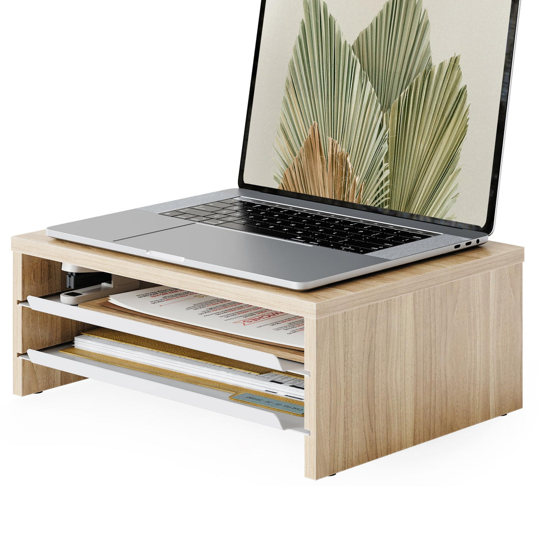 Fenge Monitorständer, Monitorerhöhung mit Ablage, Holz und Metall, Schreibtisch-Organizer für Zuhaus
