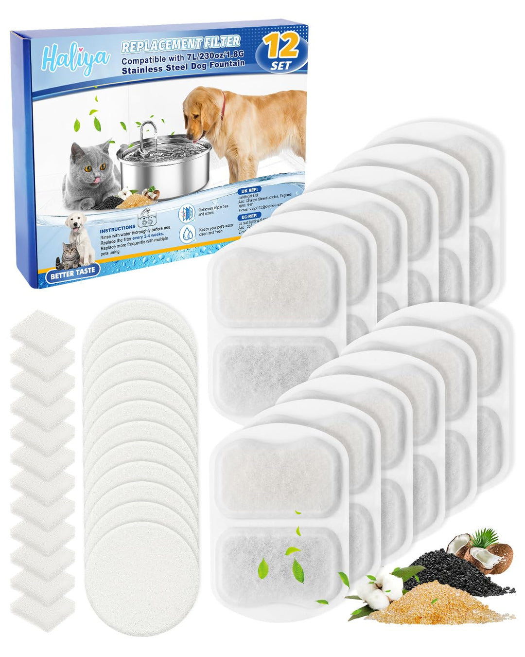 Haliya 12 Pack Ersatzfilter für Oneisall 7L Trinkbrunnen für Hunde, Edelstahl Hundebrunnen, 3 Filter