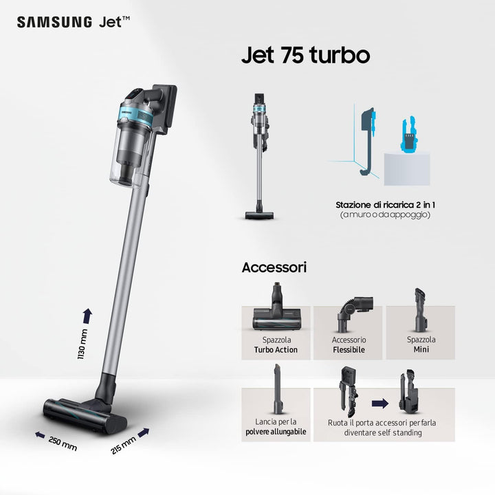 Samsung mit HEPA Filter Aspirazione VS20T7531T1/ET, Samsung Jet 75 Turbo, Silber Schwarz, 4 accessor