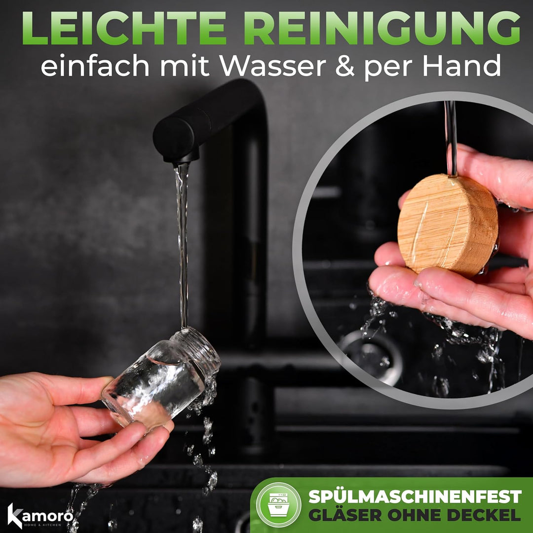 Ingwer Shotgläser 12er Set - Mini Gläser mit Bambusdeckel & Edelstahl Trichter [60ml] - Shot Flasche