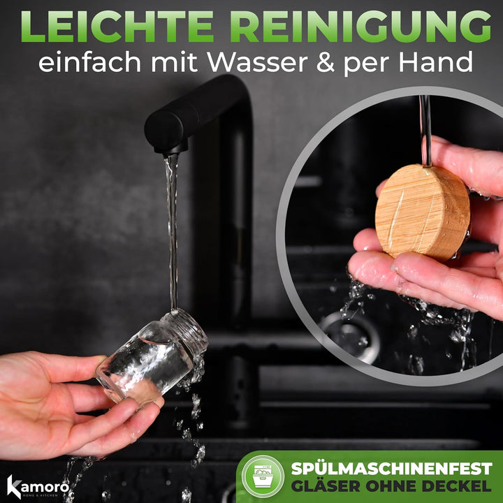 Ingwer Shotgläser 12er Set - Mini Gläser mit Bambusdeckel & Edelstahl Trichter [60ml] - Shot Flasche