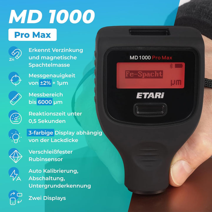 ETARI® MD 1000 Pro Max (Ferr & Non-Ferr), Profi Lack Schichtdickenmessgerät zur Lackdickenmessung am