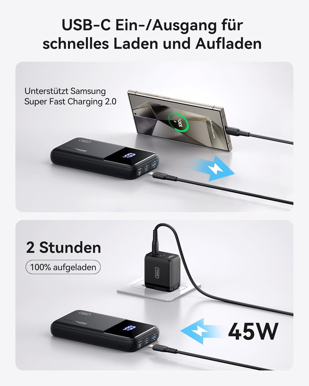 INIU Power Bank, 45W Powerbank Klein Aber Stark 15000mAh, 3A Externe Handyakkus [USB C Input&amp;Output]