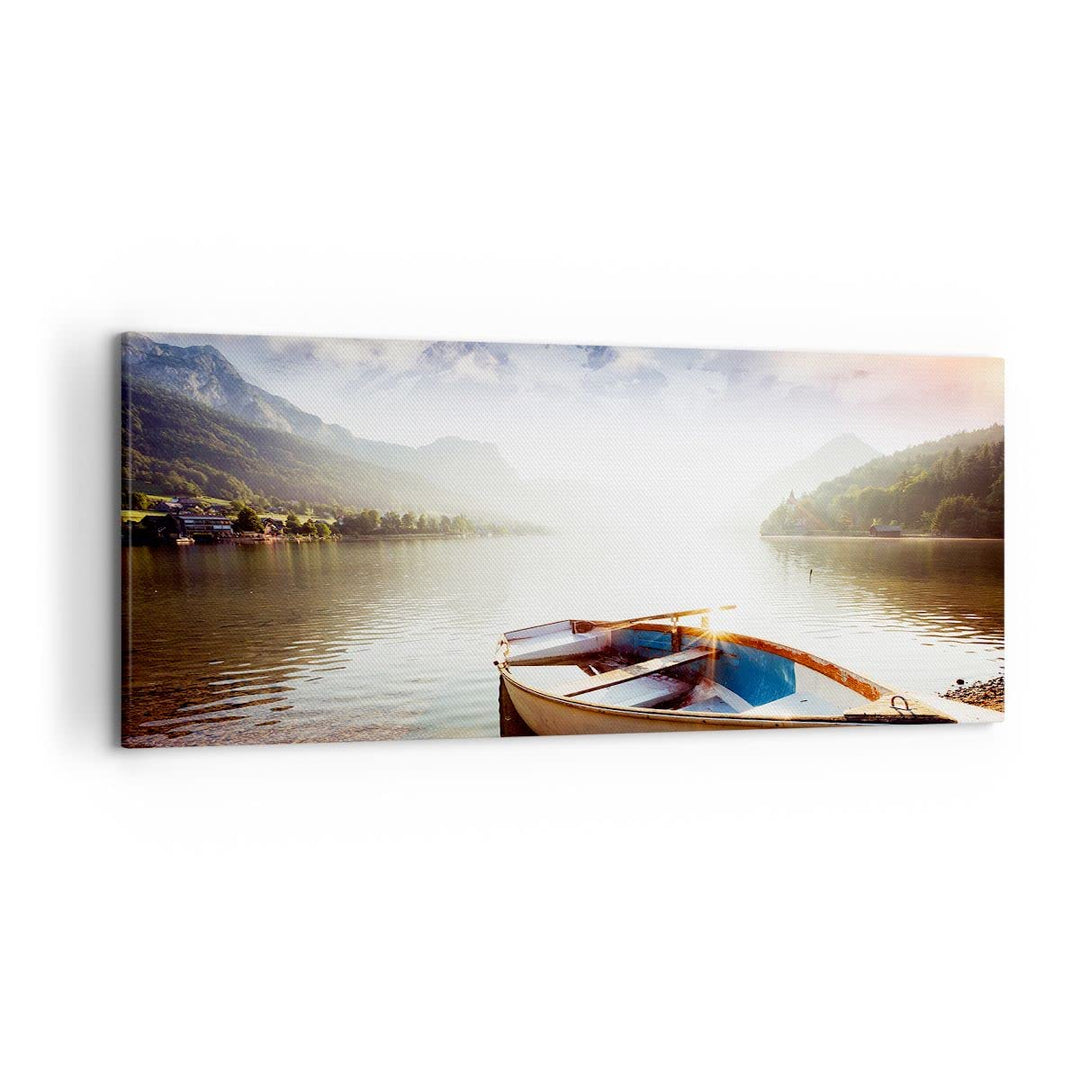 Wandbilder Dekoration Wohnzimmer Berge See Boot Panorama Bilder auf Leinwand 120x50cm Leinwandbild m