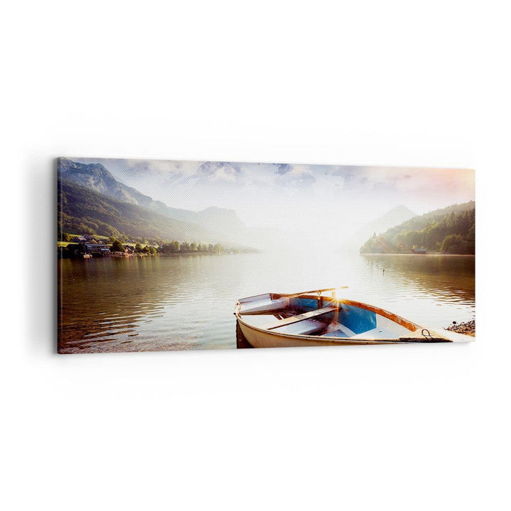 Wandbilder Dekoration Wohnzimmer Berge See Boot Panorama Bilder auf Leinwand 120x50cm Leinwandbild m