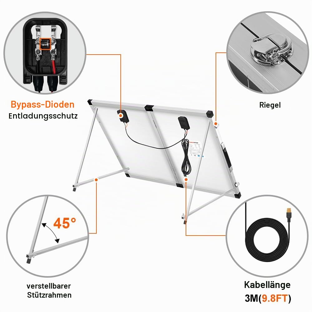DOKIO Faltbares mobiles Solar-Panel 100 Watt mit monokristallinen Zellen, Integrierter 12-Volt-Lader