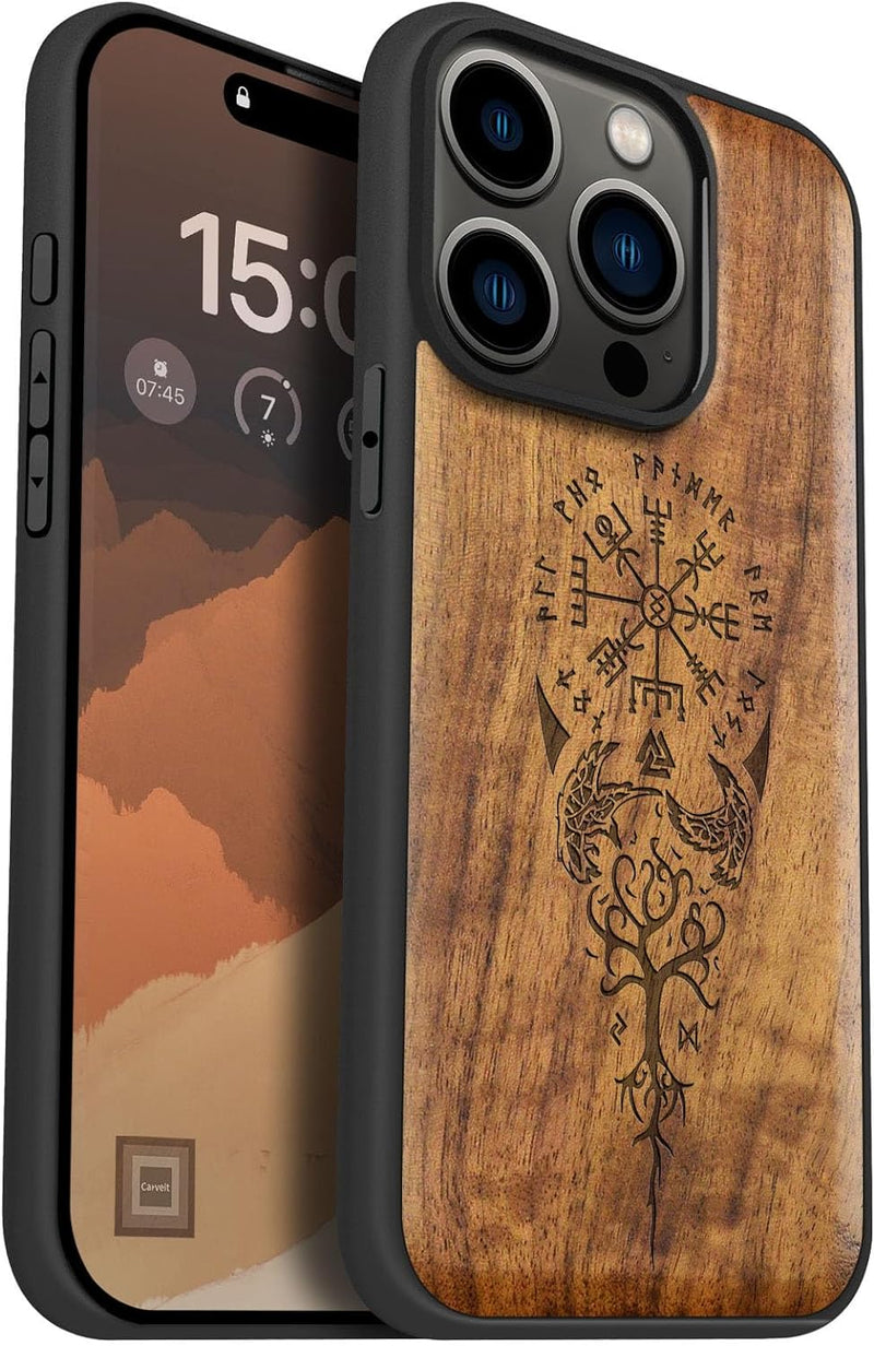 Carveit Holz Cover für iPhone 15 Pro hülle, Kompatibel mit Magsafe Silikon Stossfeste Cover, Magneti