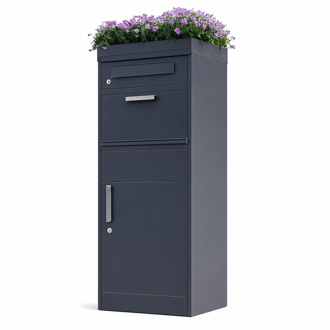 Paketbox mit Zeitungsfach abschliessbar | moderner Standbriefkasten Metall | Postkasten pulverbeschi