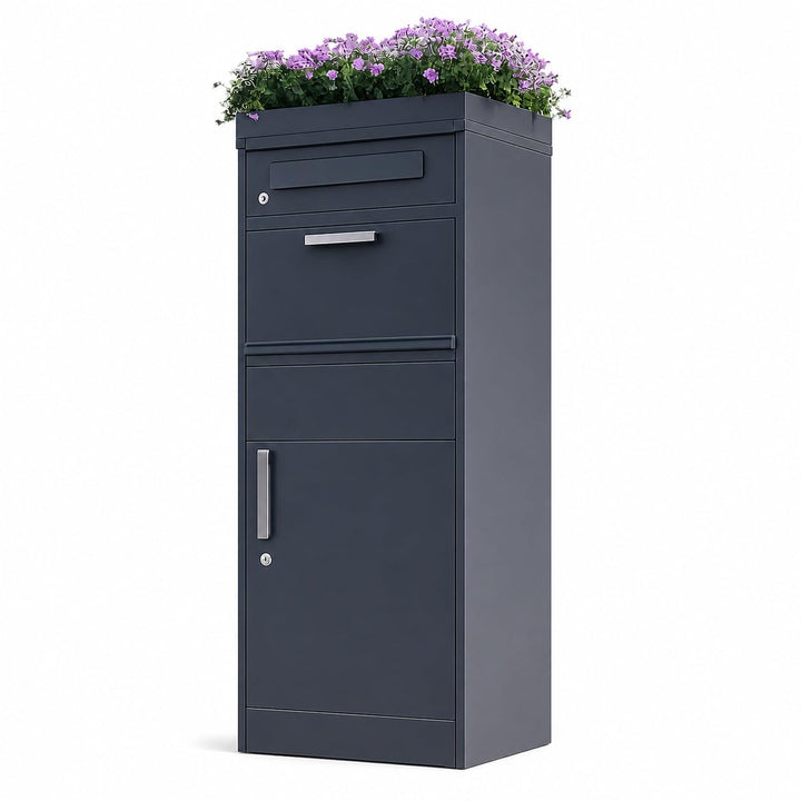 Paketbox mit Zeitungsfach abschliessbar | moderner Standbriefkasten Metall | Postkasten pulverbeschi