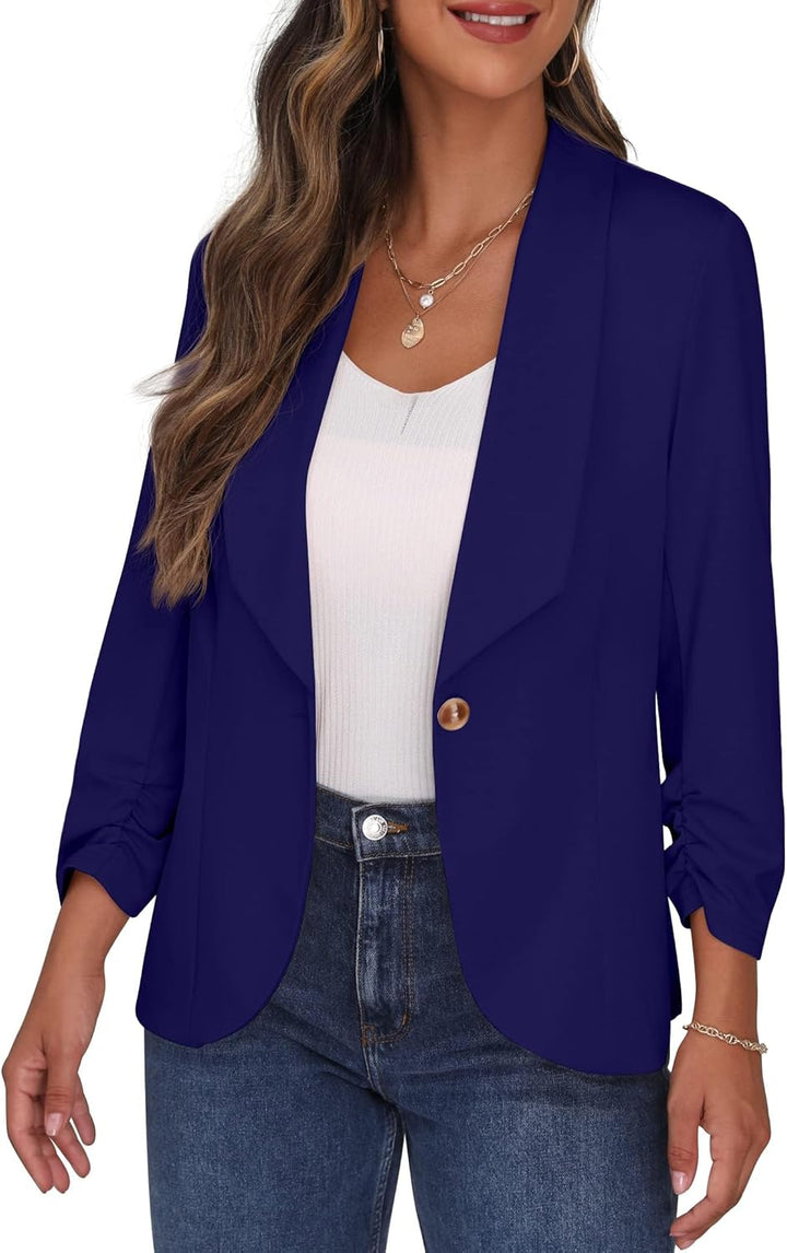 PrinStory Blazer Für Damen 3/4 Geraffte Ärmel Blazer Geschäft Büro Blazer Anzug Sportlich Jack Trenc